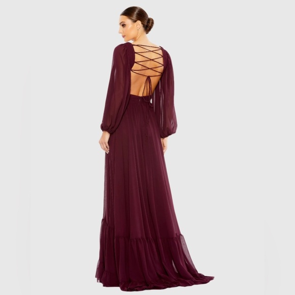 Mac Duggal 67948 NWT Plum Pleated Cut Out Long Sleeve Lace Up Tiered Gown - Picture 3 of 9